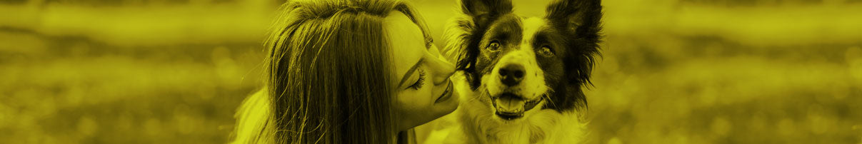 Mujer abrazando a su perro en un paisaje exterior en una imagen color amarillo