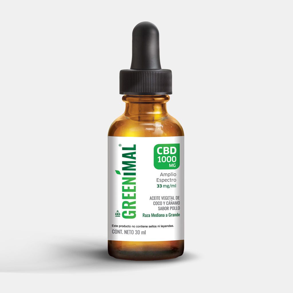 Gotero de cristal ámbar con etiqueta comercial de la marca de CBD para mascotas Greenimal de 1000 mg