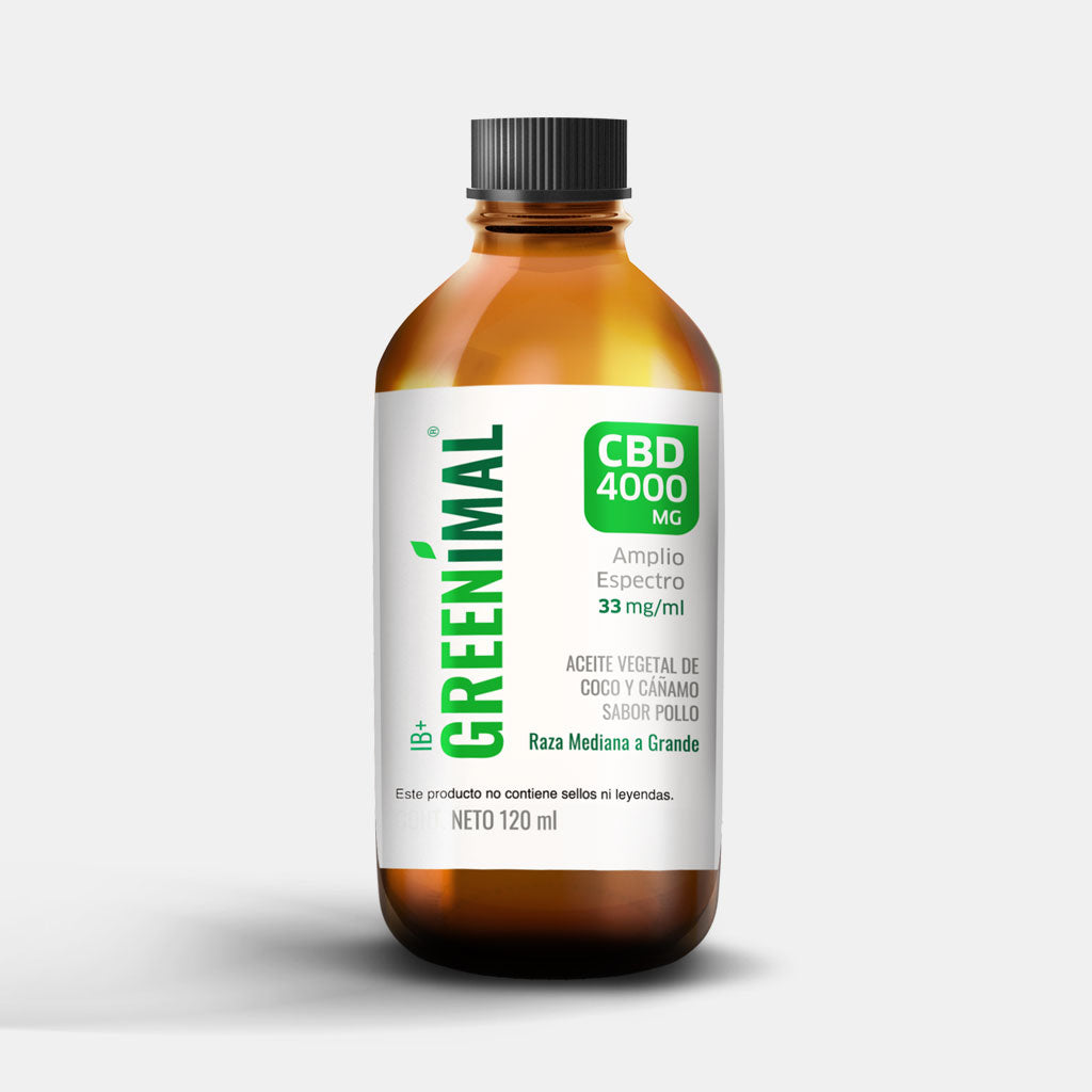 Frasco de cristal de 120 ml con tapa y etiqueta de la marca Greenimal CBD.