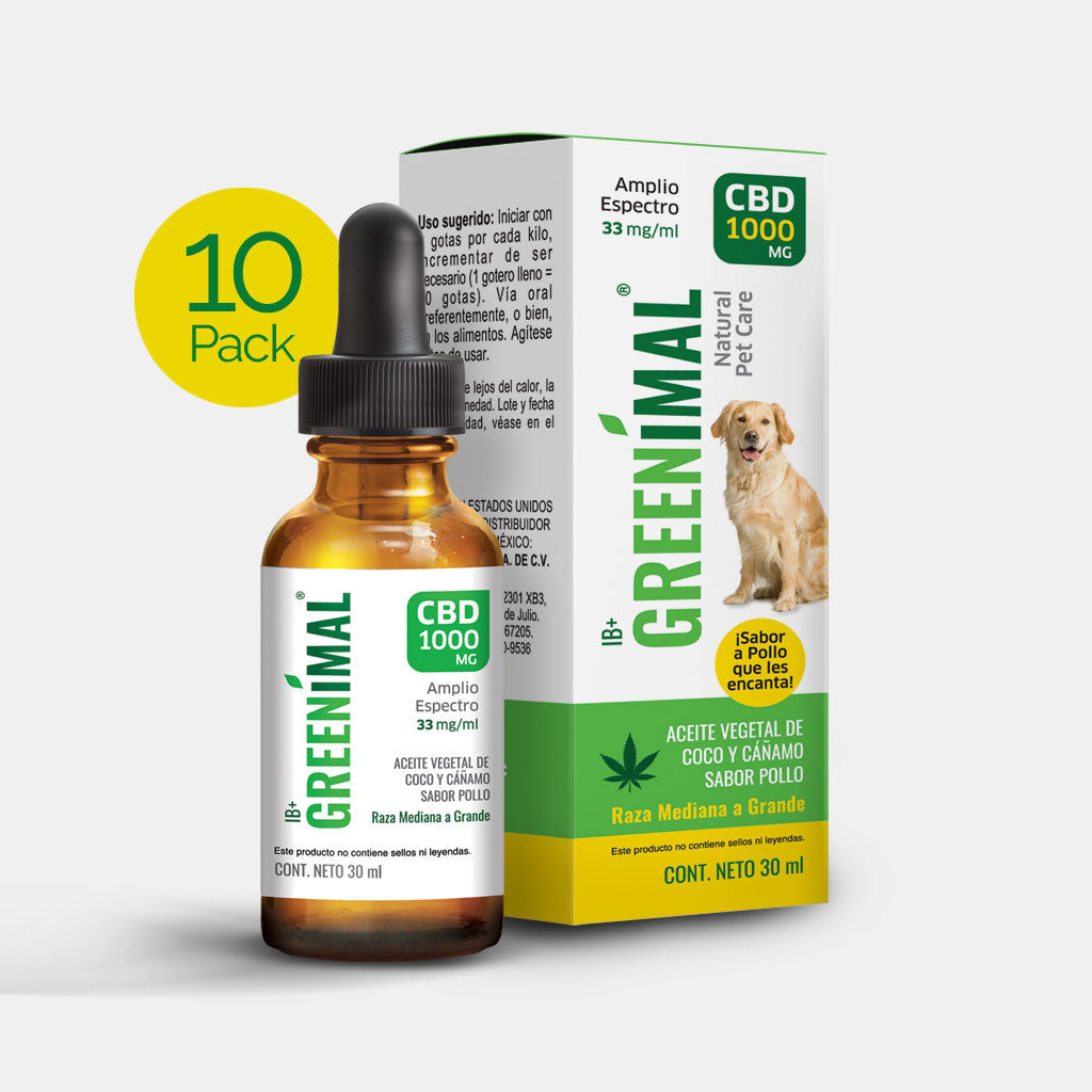 Gotero de cristal con etiqueta de la marca Greenimal junto a su caja de empaque y un flash amarillo que anuncia una oferta.