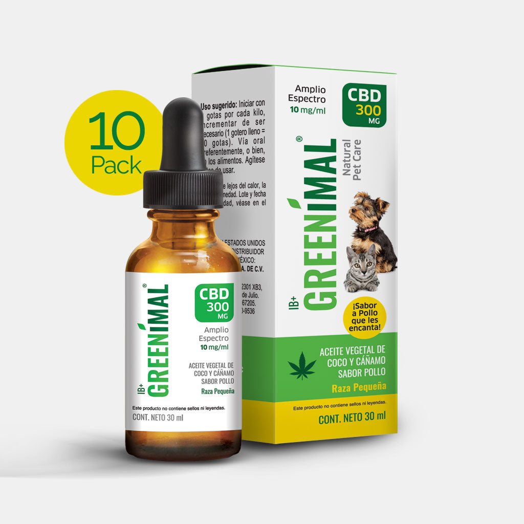 Frasco y caja de producto comercial de CBD para mascota y la palabra 10 pack.